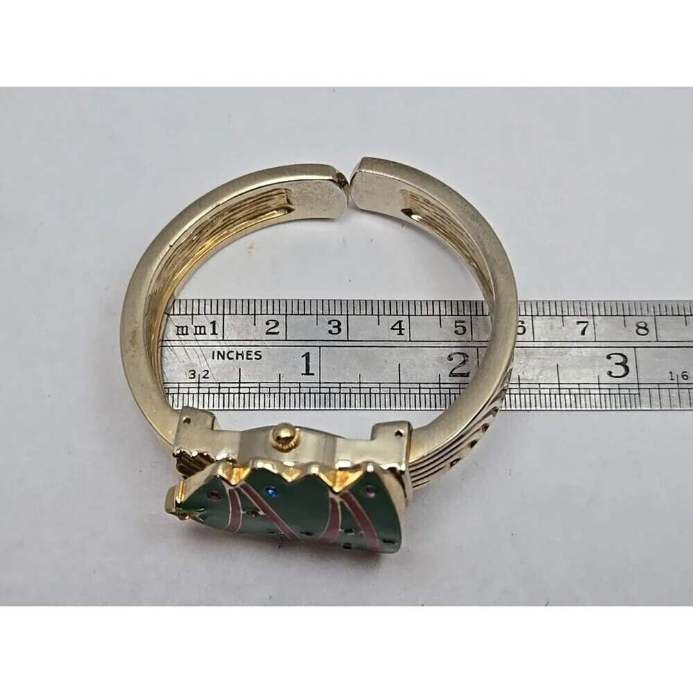 Arm Candy Christmas Tree Ladies Cuff Watch Quartz Gold Tone New Battery Xmas Fun